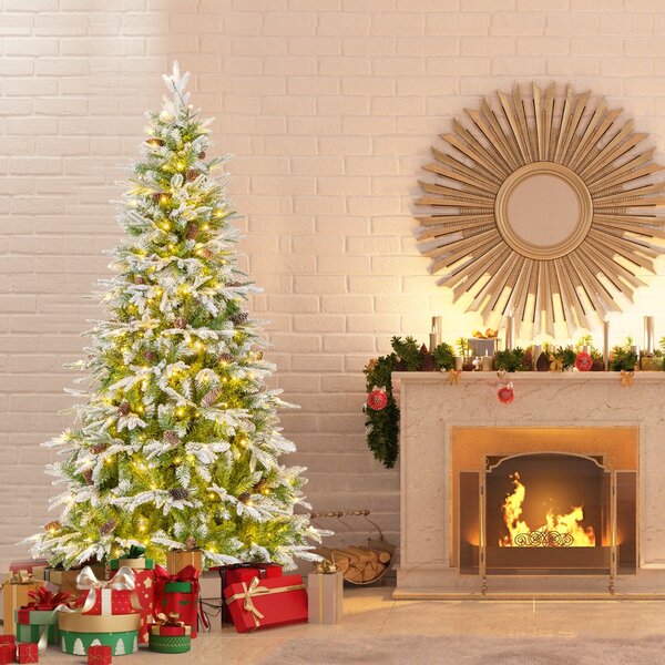 Costway Albero di Natale artificiale pre-luminoso 190cm con rami articolati e 765 punte, Albero di Natale foderato di neve