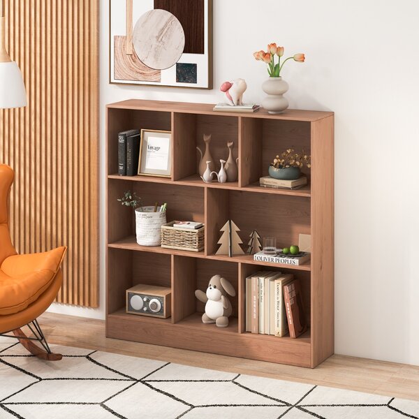 Costway Libreria a 8 cubi con 2 kit anti-ribaltamento, Organizzatore di stoccaggio a 3 ripiani in legno alto 104cm Naturale