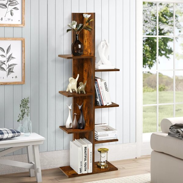 Costway Libreria ad albero autoportante a 8 ripiani in legno, Stand espositivo multifunzionale per libri e piante Marrone