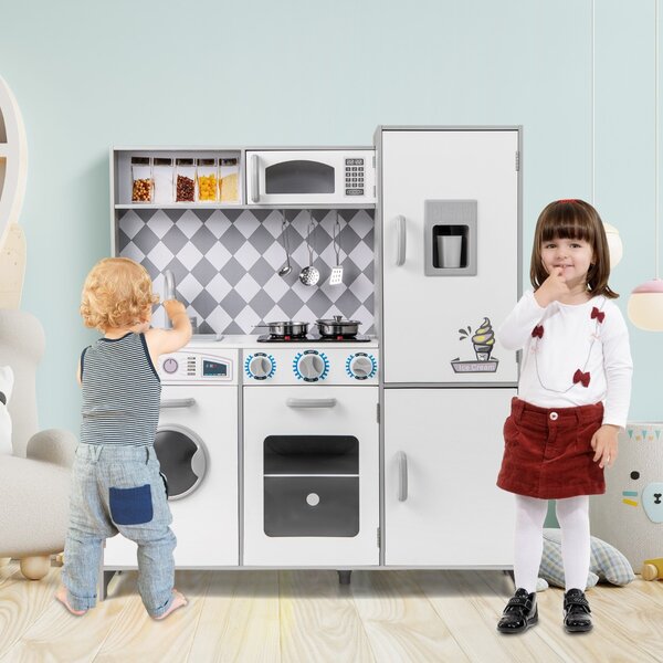 Costway Cucina giocattolo in legno integra macchina del ghiaccio e piano cottura, Cucina giocattolo integra forno e microonde Bianco