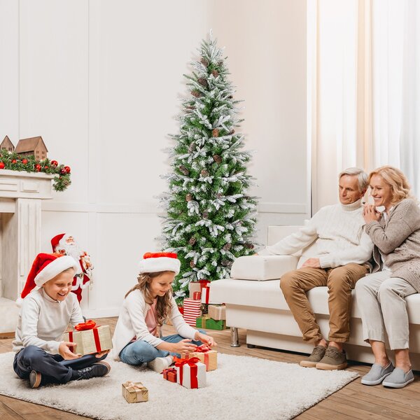 Costway Albero di Natale foderato di neve con rami articolati e 671 punte, Albero di Natale artificiale pre-luminoso 190cm