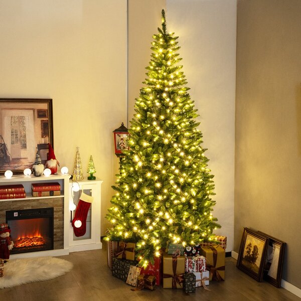 Costway Albero di Natale artificiale da 240cm per angolo, Albero di Natale pre-illuminato con 1137 rami 360 luci LED