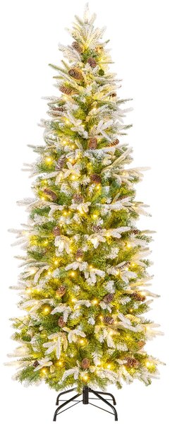 Costway Albero di Natale foderato di neve con rami articolati e 671 punte, Albero di Natale artificiale pre-luminoso 190cm