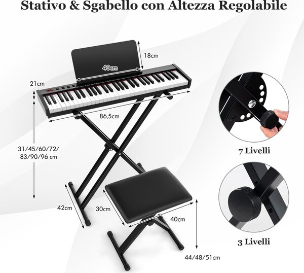 Costway Piano elettronico portatile a 61 tasti semi-pesati con supporto e sgabello, Set completo di pianoforte digitale