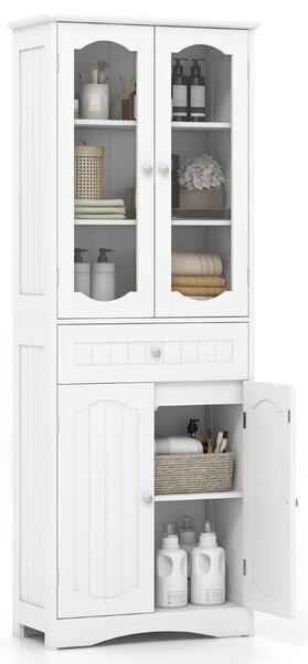 Costway Armadio da bagno alto 160cm con 2 porte in vetro 2 ripiani regolabili e 1 cassetto, Mobile autonomo per cucina Bianco