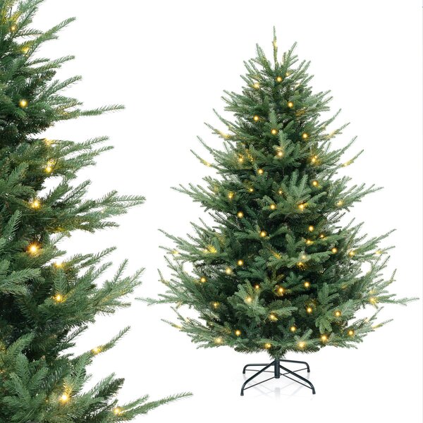 Costway Albero di Natale artificiale 135cm con 442 punte di rami 160 luci led bianche calde, Albero di Natale finto in PE e PVC