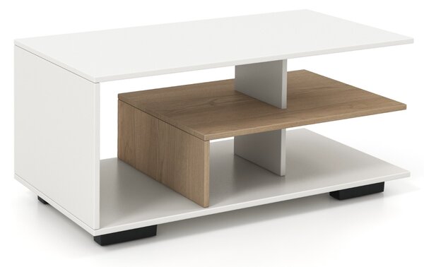 Costway Tavolino da caffè con spazio di archiviazione, Tavolo rettangolare a 3 livelli con mensola centrale a forma di L Bianco