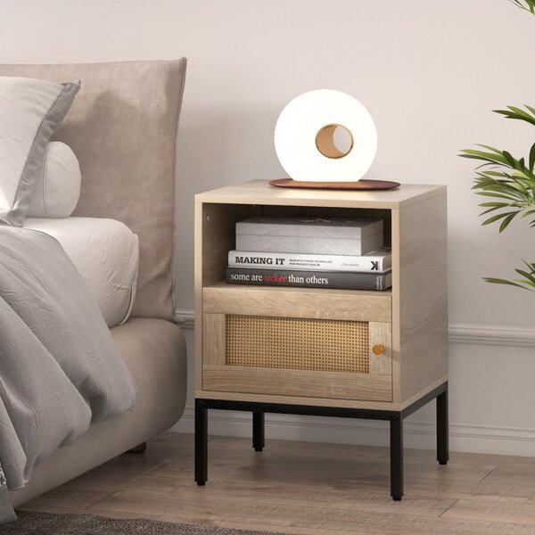 Costway Comodino con spazio di stoccaggio ripiano aperto e armadietto con porta, Tavolino bohemien in rattan per casa Naturale