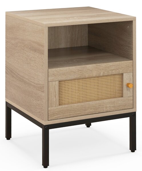 Costway Comodino con spazio di stoccaggio ripiano aperto e armadietto con porta, Tavolino bohemien in rattan per casa Naturale