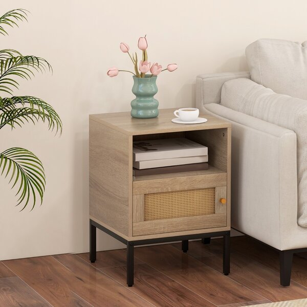 Costway Comodino con spazio di stoccaggio ripiano aperto e armadietto con porta, Tavolino bohemien in rattan per casa Naturale