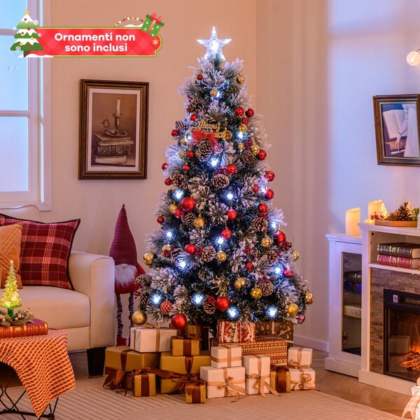 Costway Albero di Natale floccato 180 cm, Albero di Natale artificiale con 220 punte di rami ago di pino e 63 luci LED