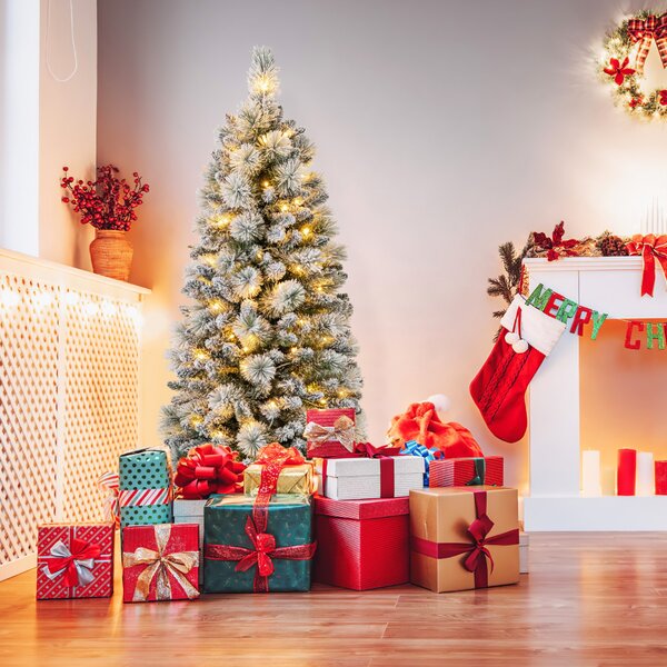 Costway Albero di Natale pop-up 150cm con aghi di pino luci led bianco caldo sezione pieghevole, Albero decorativo artificiale