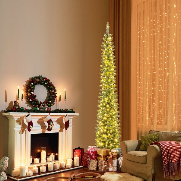 Costway Albero di Natale artificiale da 210cm, Albero di Natale slim decorativo con luci led bianche calde per casa negozio