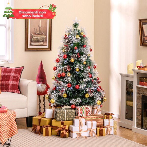 Costway Albero di Natale floccato 150 cm, Albero di Natale artificiale con 170 punte di rami ago di pino e 49 luci LED