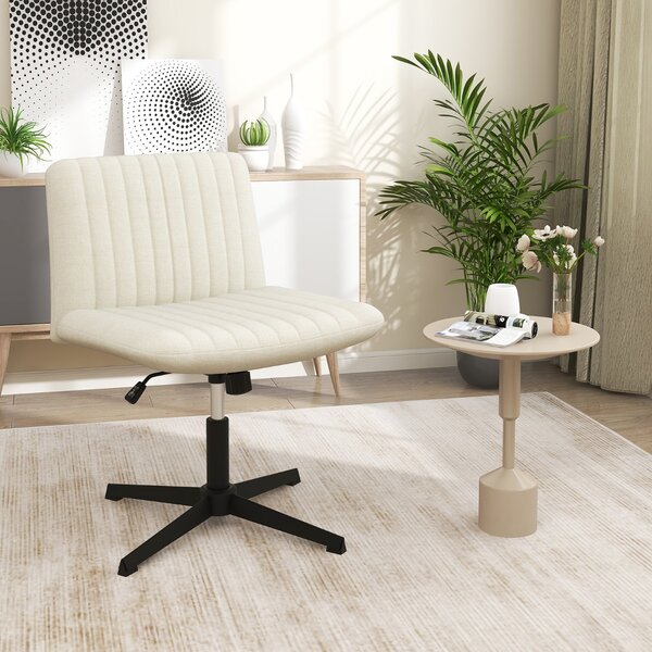 Costway Sedia da scrivania con gambe incrociate altezza regolabile, Poltrona imbottita per ufficio con dondolo a 120° Beige