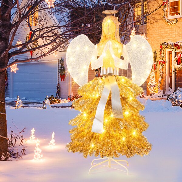 Costway Albero di Natale artificiale luminoso con angelo da 157cm, Decorazione natalizia con luci led base in metallo