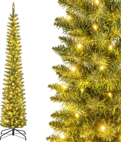 Costway Albero di Natale artificiale da 210cm, Albero di Natale slim decorativo con luci led bianche calde per casa negozio