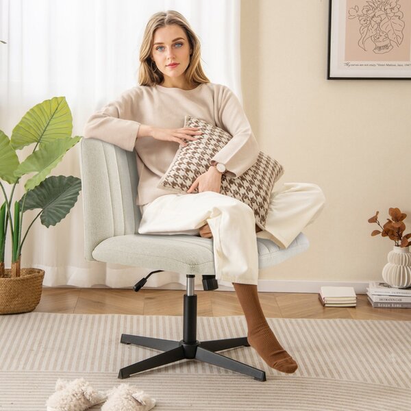 Costway Sedia da scrivania con gambe incrociate altezza regolabile, Poltrona imbottita per ufficio con dondolo a 120° Beige