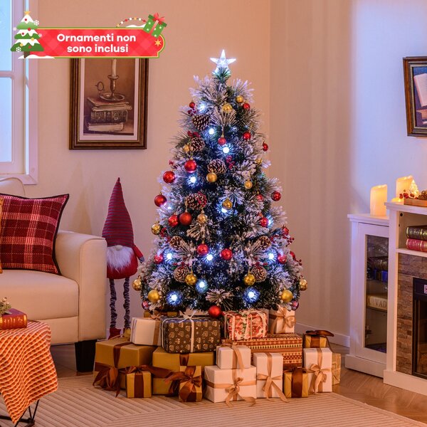 Costway Albero di Natale floccato 150 cm, Albero di Natale artificiale con 170 punte di rami ago di pino e 49 luci LED