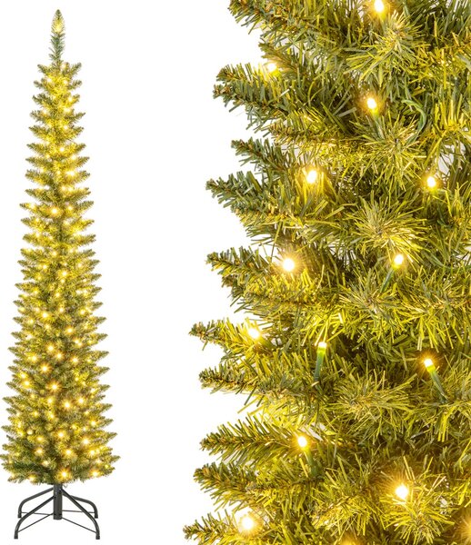 Costway Albero di Natale artificiale da 180cm, Albero di Natale slim decorativo con luci led bianche calde per casa negozio
