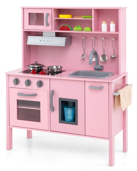 Costway Cucina giocattolo per bambini in legno, Cucina da gioco con microonde cappa aspirante lavello giocattolo Rosa scuro