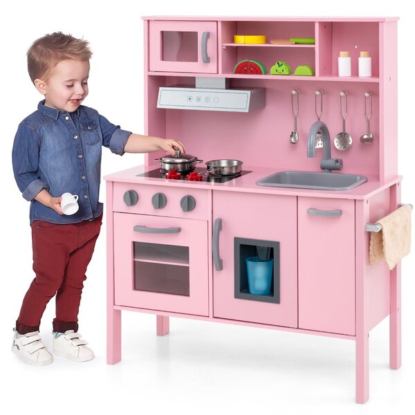 Costway Cucina giocattolo per bambini in legno, Cucina da gioco con microonde cappa aspirante lavello giocattolo Rosa scuro