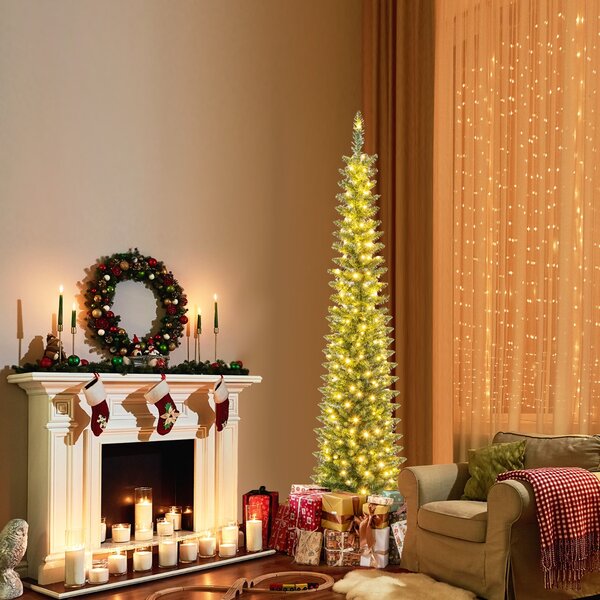 Costway Albero di Natale artificiale da 180cm, Albero di Natale slim decorativo con luci led bianche calde per casa negozio