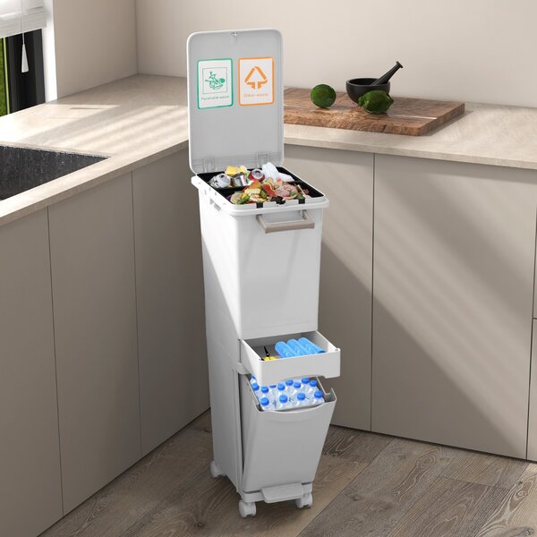 Costway Pattumiera 3 in 1con 2 cassetti 2 scomparti superiori e adesivi per la classificazione, Cestino per rifiuti a pedale 40x26x84cm Bianco  