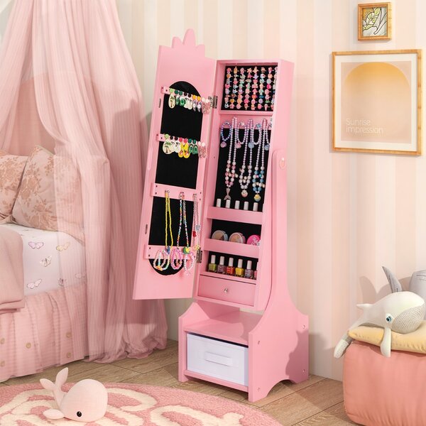 Costway Armadio portagioie per bambini con ripostiglio e 2 angoli regolabili specchio a figura intera, Specchio da toeletta Rosa
