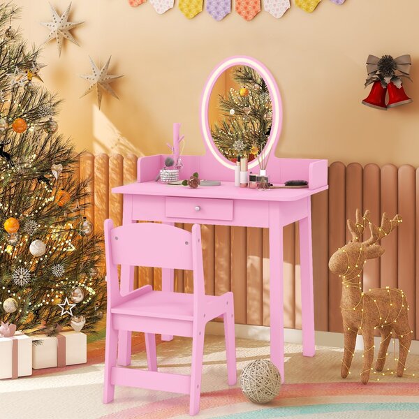 Costway Set di trucco per bambini con specchio sedia illuminazione a LED a 2 colori, Tavolo da trucco per ragazze Rosa