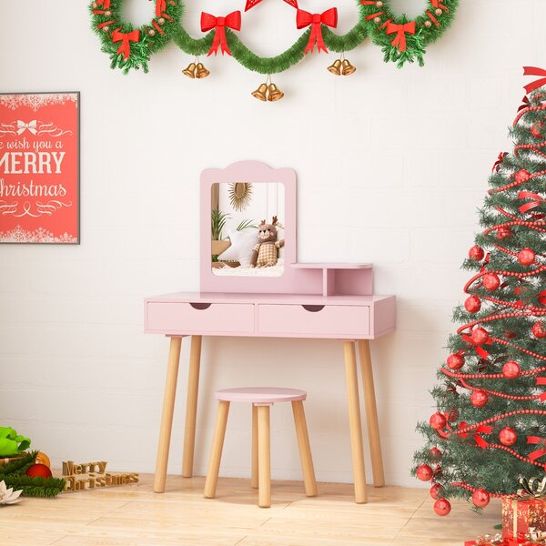 Costway Postazione trucco per bambina 2 in 1, Toeletta e sgabello in legno con specchio rettangolare 2 cassetti Rosa