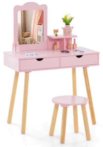 Costway Postazione trucco per bambina 2 in 1, Toeletta e sgabello in legno con specchio rettangolare 2 cassetti Rosa
