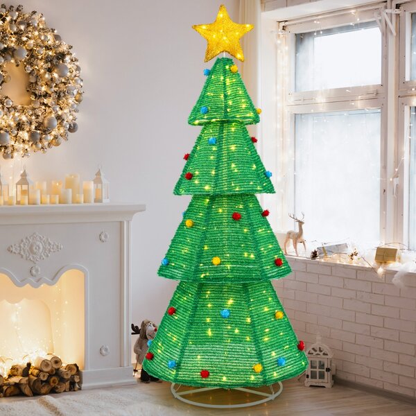 Costway 190 cm Albero di Natale pieghevole con 200 luci LED, Albero di Natale pre-illuminato con stella in cima per casa giardino
