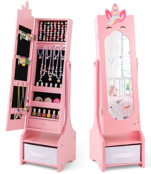 Costway Armadio portagioie per bambini con ripostiglio e 2 angoli regolabili specchio a figura intera, Specchio da toeletta Rosa