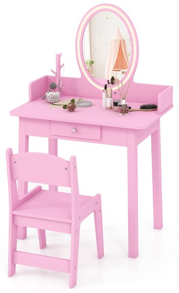 Costway Set di trucco per bambini con specchio sedia illuminazione a LED a 2 colori, Tavolo da trucco per ragazze Rosa