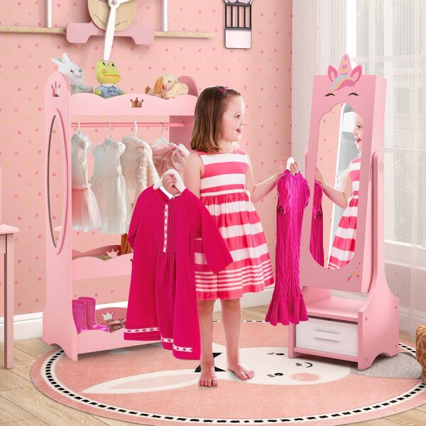 Costway Armadio portagioie per bambini con ripostiglio e 2 angoli regolabili specchio a figura intera, Specchio da toeletta Rosa