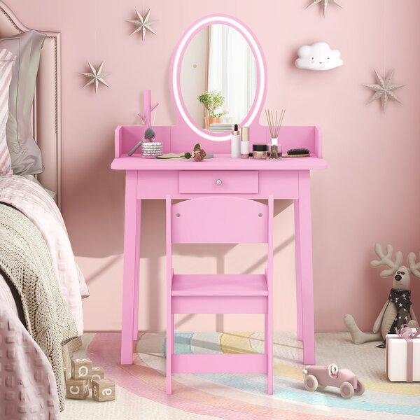 Costway Set di trucco per bambini con specchio sedia illuminazione a LED a 2 colori, Tavolo da trucco per ragazze Rosa