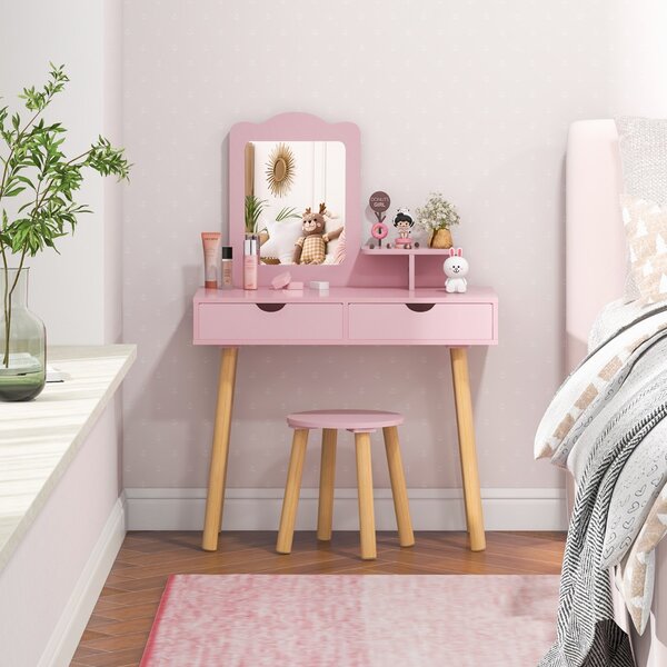 Costway Postazione trucco per bambina 2 in 1, Toeletta e sgabello in legno con specchio rettangolare 2 cassetti Rosa