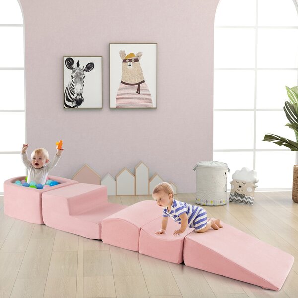 Costway Set di gioco in schiuma a 5 pezzi per bambini con piscina di palline coperture lavabili, Blocchi blocchi creativi palline non incluse Roseo