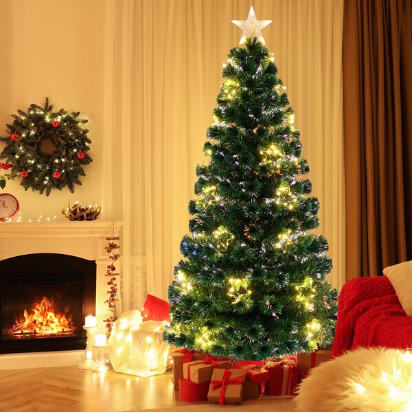 Costway Albero di natale in fibra ottica da 180cm pre-illuminato con luci a stringa stella sulla cima, Albero natale artificiale
