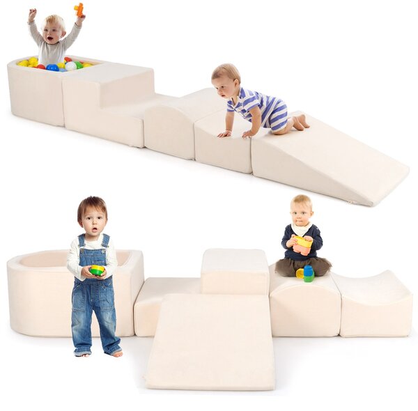 Costway Set di gioco in schiuma a 5 pezzi per bambini con piscina di palline coperture lavabili, Blocchi blocchi creativi palline non incluse Beige