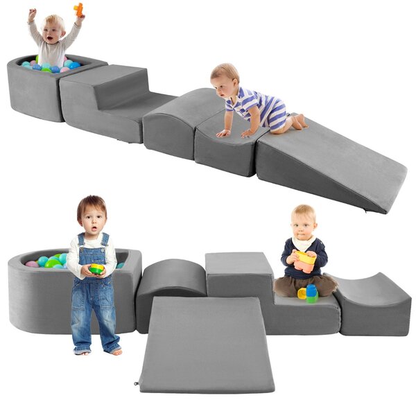 Costway Set di gioco in schiuma a 5 pezzi per bambini con piscina di palline coperture lavabili, Blocchi blocchi creativi palline non incluse Grigio