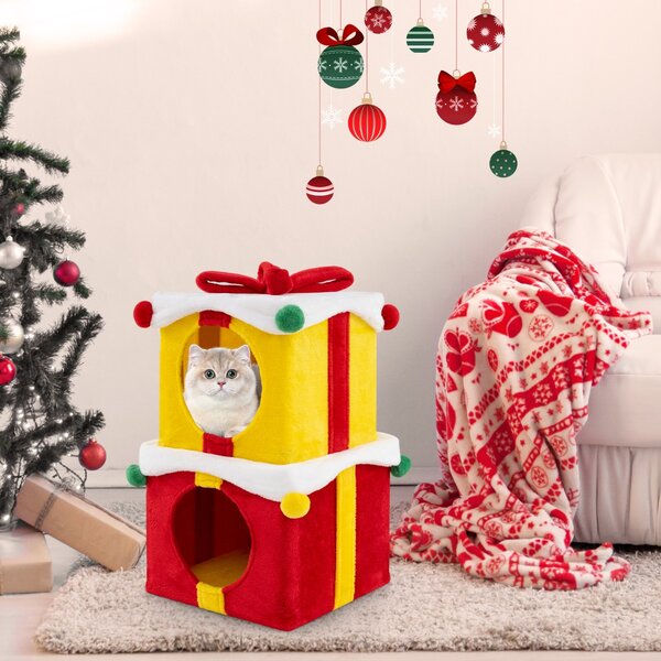 Costway Casetta di Natale per gatti a 2 piani con fiocco, Kit di condo a forma di regalo impilabili con 2 condo Colorato