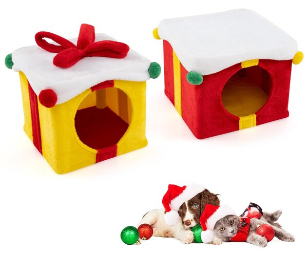 Costway Casetta di Natale per gatti a 2 piani con fiocco, Kit di condo a forma di regalo impilabili con 2 condo Colorato