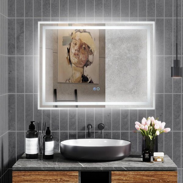 Costway Specchio da bagno LED 80x60cm con luce dimmabile a 3 colori interruttore touch, Specchio rettangolare da muro