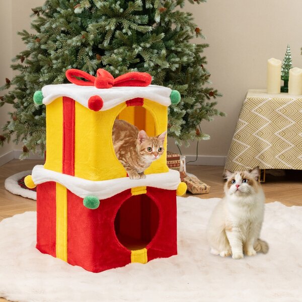 Costway Casetta di Natale per gatti a 2 piani con fiocco, Kit di condo a forma di regalo impilabili con 2 condo Colorato