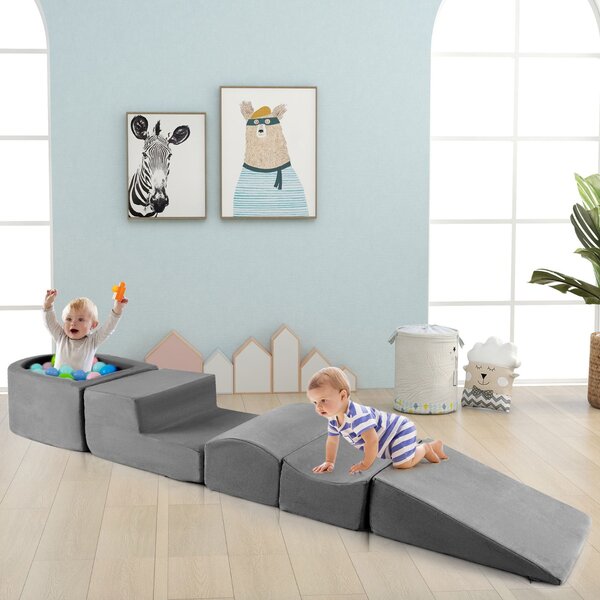 Costway Set di gioco in schiuma a 5 pezzi per bambini con piscina di palline coperture lavabili, Blocchi blocchi creativi palline non incluse Grigio