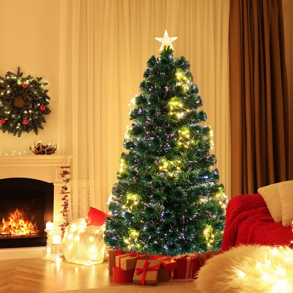 Costway Albero di natale in fibra ottica da 150cm pre-illuminato con luci a stringa stella sulla cima, Albero natale artificiale