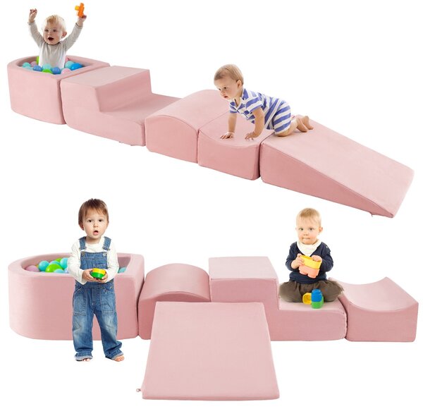 Costway Set di gioco in schiuma a 5 pezzi per bambini con piscina di palline coperture lavabili, Blocchi blocchi creativi palline non incluse Roseo