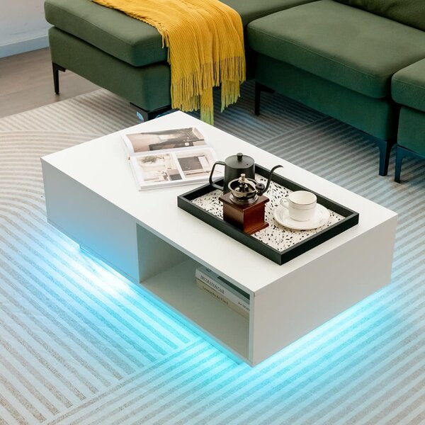 Costway Tavolino centrale moderno ad alta lucentezza con scomparto aperto e cassetto, Tavolino basso con luci e telecomando Bianco